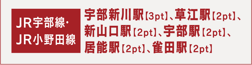 宇部線・小野田線は宇部新川駅、新山口駅、東新川駅、宇部駅、床波駅、妻崎駅。沿線施設はフジグラン宇部、おのだサンパーク、スモールワールド鉄道模型店、ときわミュージアム